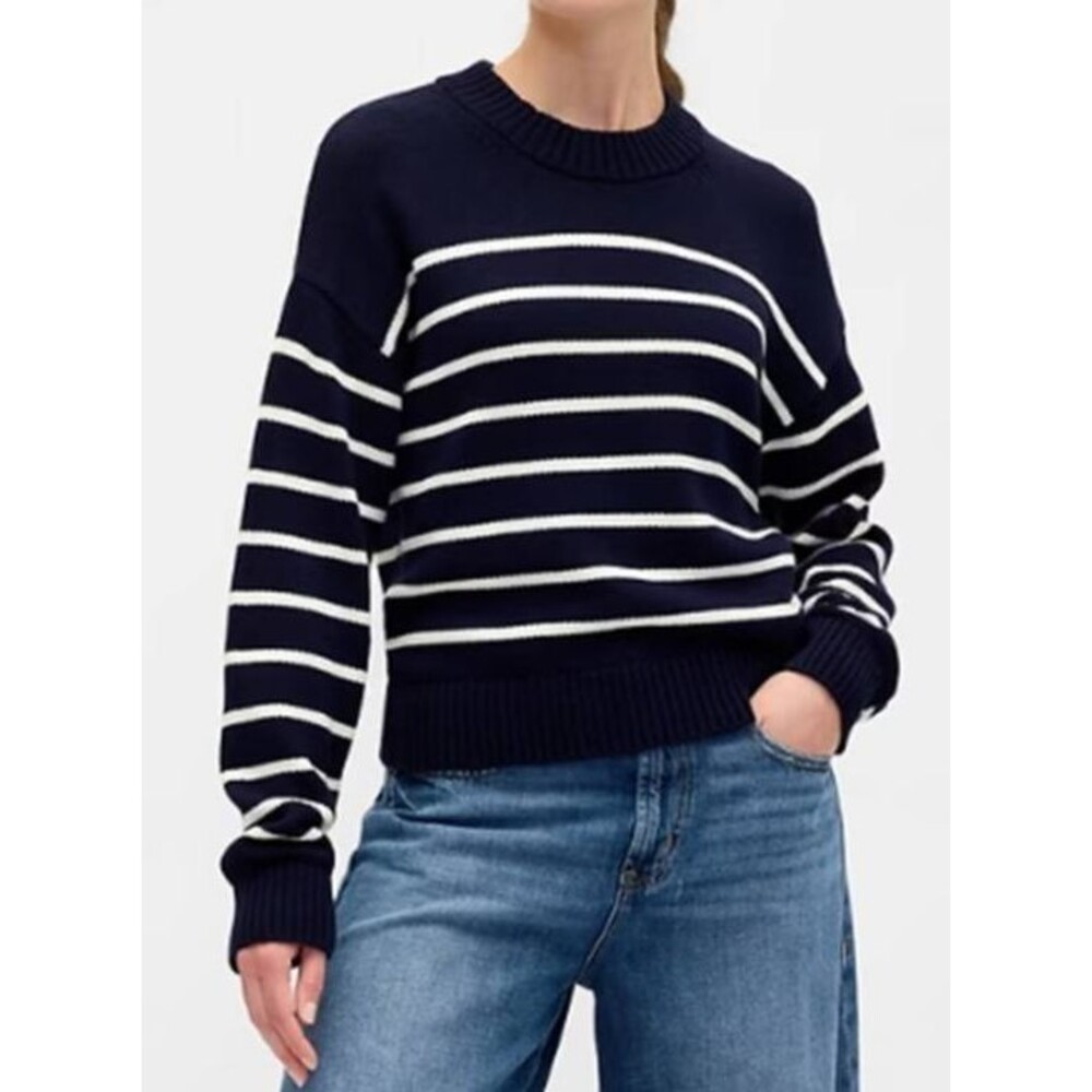 Gap Women's Woven Crewneck Cropped Sweater Striped Winter Blue